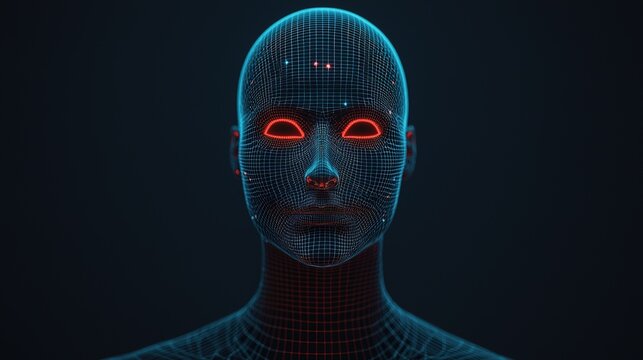 A digital representation of a humanoid figure with glowing facial features, rendered in a wireframe style against a dark background.