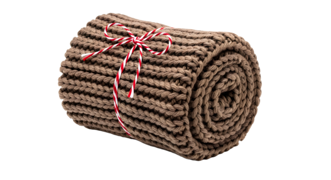 Gift - Rolled knitted brown wool blanket tied with red and white ribbon on white background, cozy home textile perfect for winter