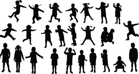 Silhouette of active children playing, jumping, dancing, running, and posing, joyful kids motion, fun childhood moments, energy, freedom, outdoor happiness