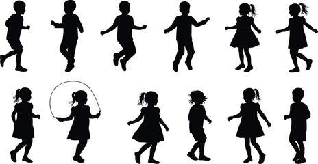 Silhouette of children playing and jumping, active boys and girls in motion, joyful childhood activity, outdoor fun, creative vector design