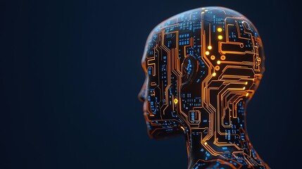 A digital humanoid figure with a circuit board design, symbolizing the fusion of technology and humanity.