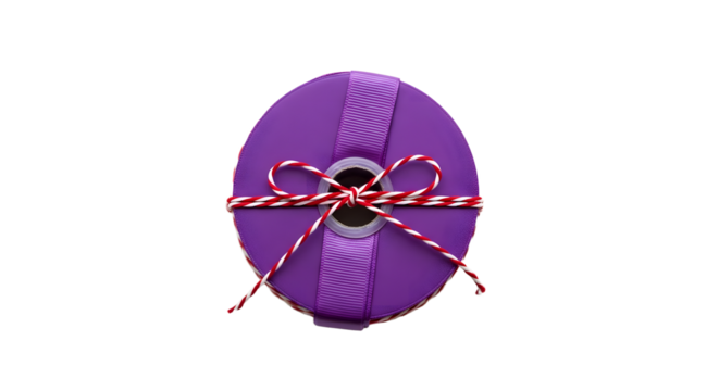 Gift - Round purple gift box with red and white string bow on white background, perfect for holiday presents and special occasions