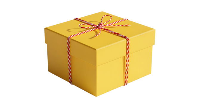 Gift - Yellow gift box with red and white string tied in a bow, isolated on white background, perfect for holidays and celebrations