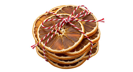 Gift - Stack of dried orange slices tied with red and white string on black background, perfect for holiday crafts and decoration