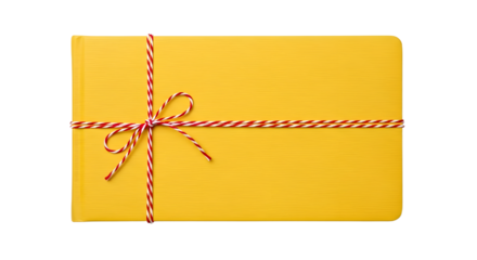 Gift - Yellow rectangular gift box wrapped with red and white striped string bow, isolated on white background, perfect for birthday parties