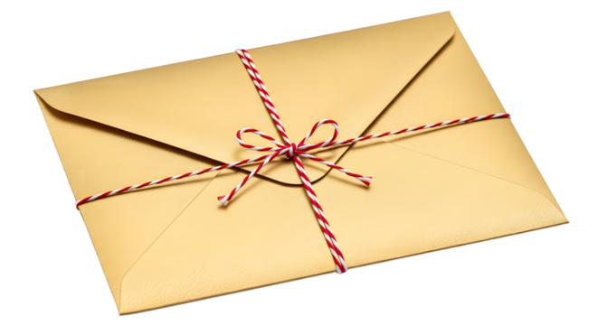 Gift - Vintage brown envelope tied with red and white string, isolated on white background, perfect for invitations or gift wrapping