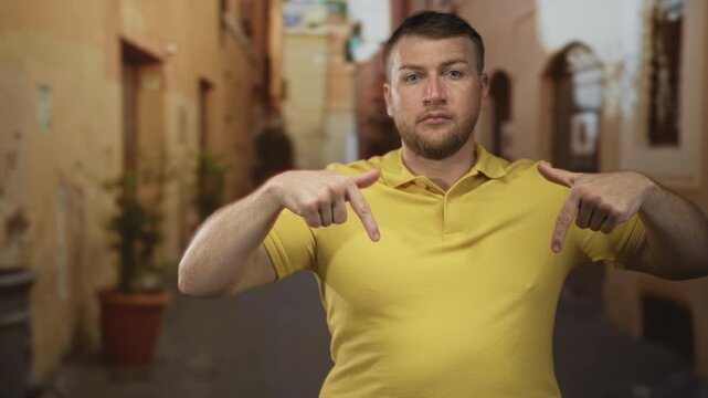 Man points both fingers at yellow polo on old town street with direct gaze and casual stance; confidence self affirmation.