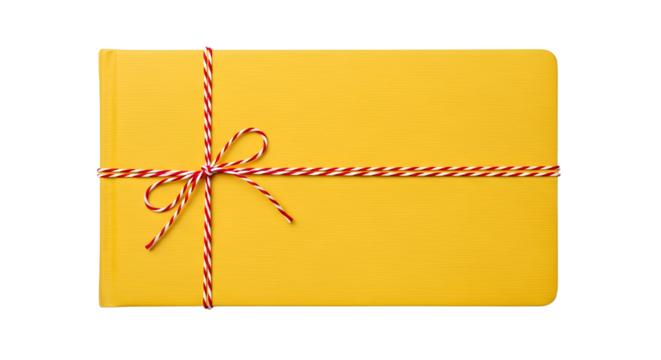 Gift - Yellow rectangular gift box wrapped with red and white striped string bow, isolated on white background, perfect for birthday parties