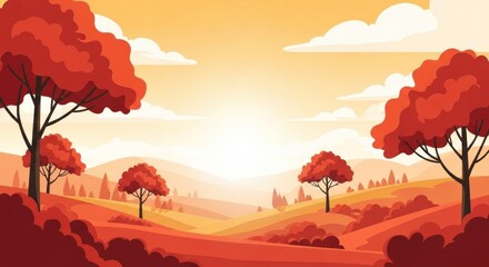 Autumn landscape with red trees and mountains in the background.