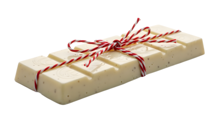 Gift - White chocolate bar with decorative red and white string tied in a bow, isolated on white background, perfect for gift packaging and gourmet food presentations