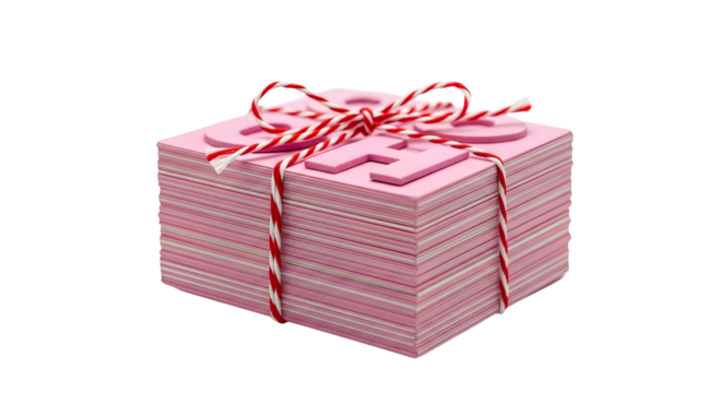 Gift - Stack of pink square envelopes tied with red and white striped string isolated on black background, perfect for invitations or greeting cards