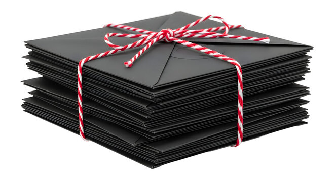 Gift - Stack of black envelopes tied with red and white string on white background, stylish mail concept, perfect for business or holiday greeting cards