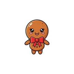 A charming cartoon gingerbread man with a cheerful expression, rosy cheeks, and a festive red bow tie, standing against a plain white background.