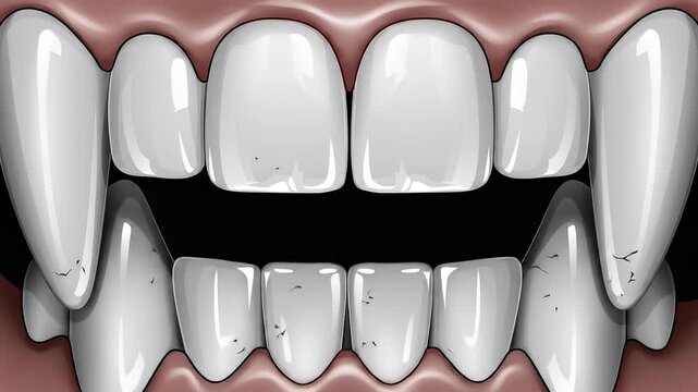 An extreme close-up illustration of a human mouth with bright white, pointed teeth