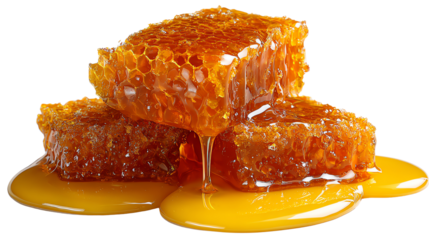 Golden Honeycomb's Delight: Close-up of golden, glistening honeycombs, overflowing with sweet, sticky nectar, a symbol of nature's pure indulgence. 