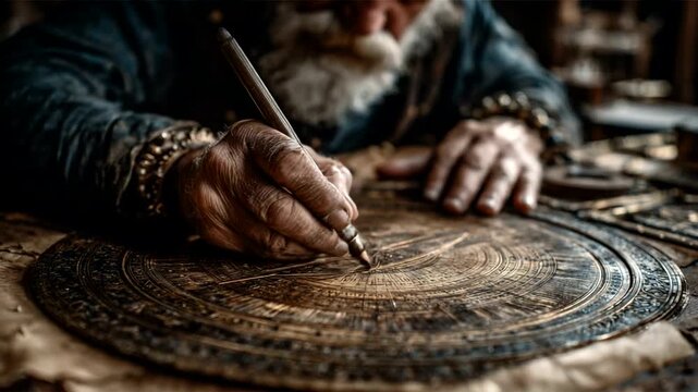 Elderly artisan meticulously engraving intricate design
