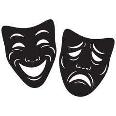 Classic comedy and tragedy theater masks in black silhouette