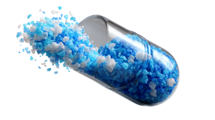 Medicine Capsule: An artistic perspective captures a transparent medicine capsule, revealing vibrant blue and white granules spilling forth.