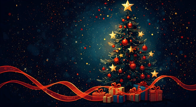 Elegant Christmas tree with festive red gifts and gold ribbons sparkles against a dark blue starry night perfect for holiday greetings.