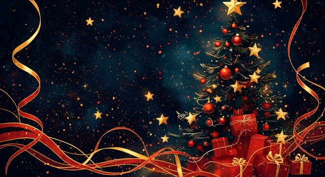 Elegant Christmas tree with festive red gifts and gold ribbons sparkles against a dark blue starry night perfect for holiday greetings.