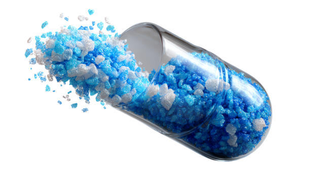 Medicine Capsule: An artistic perspective captures a transparent medicine capsule, revealing vibrant blue and white granules spilling forth.