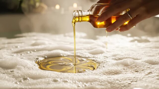 Adding Bath Oil to a Tub With Bubbles, Aromatherapy Treatment