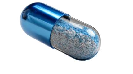 Blue Capsule: A close-up shot of a single blue capsule, showcasing its transparent shell and the medication it contains, offering a glimpse into the world of medicine and health.