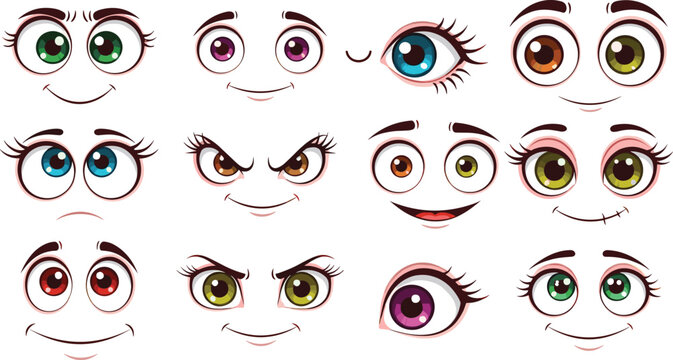 Cute cartoon eyes expressions collection, colorful anime vector faces with emotions, character design elements, kawaii illustration, adorable digital artwork