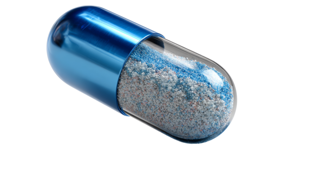 Blue Capsule: A close-up shot of a single blue capsule, showcasing its transparent shell and the medication it contains, offering a glimpse into the world of medicine and health. - Powered by Adobe