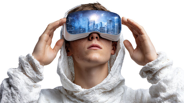 Virtual World Explorer: A young person gazes in wonder, immersed in a virtual cityscape through augmented reality goggles.