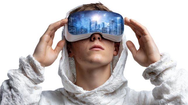 Virtual World Explorer: A young person gazes in wonder, immersed in a virtual cityscape through augmented reality goggles.