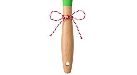 Gift - Wooden paintbrush with green paint and a red and white string bow tied on the handle, isolated on white background, perfect for painting projects