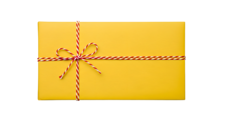 Gift - Yellow wrapped gift box tied with red and white striped ribbon on white background, perfect for birthday presents or holiday celebrations