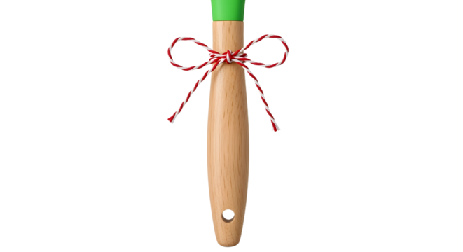 Gift - Wooden paintbrush with green paint and a red and white string bow tied on the handle, isolated on white background, perfect for painting projects