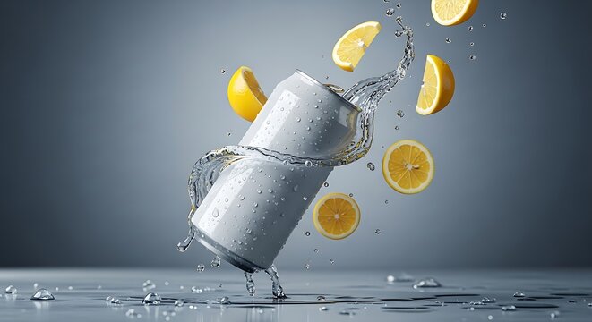 Dynamic shot of a silver beverage can with refreshing water splashing and vibrant lemon slices floating in a cool, grey setting. - Powered by Adobe