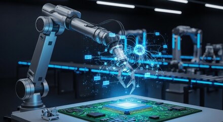 A robotic arm with a glowing blue light and a computer chip on a table.