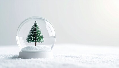 雪のようなテクスチャの白い背景に、小さなガラスのスノーグローブが静かに置かれています。
中には一本の木が立ち、柔らかな光が包み込む静謐な冬の世界。
