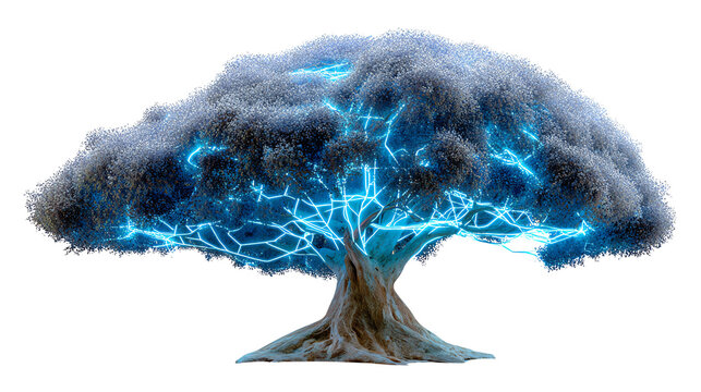 Mystical tree of electric energy: An enchanting, otherworldly tree with a swirling canopy, a trunk that radiates life. Veins of blue energy pulse and glow within the tree. 