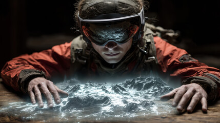 Person wearing advanced virtual reality headset interacting with holographic 3D terrain map on wooden table in dimly lit room with focused expression
