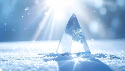 銀青色の霞に包まれた空間で、幾何学的なクリスタルプリズムが光の筋を受けて輝きます。
微細な雪の粒が漂い、幻想的で静かな冬の透明感を演出。