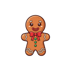 A cheerful cartoon gingerbread man cookie with a red bow tie and green buttons, ready for holiday celebrations.