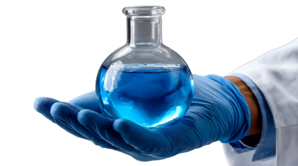 Laboratory Experiment in Hand: A gloved hand delicately cradles a round-bottom flask filled with a vibrant blue liquid, symbolizing scientific investigation and discovery. 