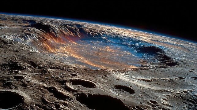 Moon surface with craters and colorful light effects in a dark space setting. - Powered by Adobe