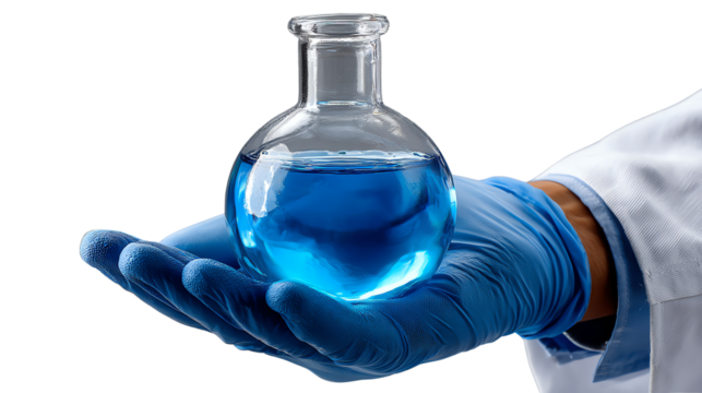 Laboratory Experiment in Hand: A gloved hand delicately cradles a round-bottom flask filled with a vibrant blue liquid, symbolizing scientific investigation and discovery. 