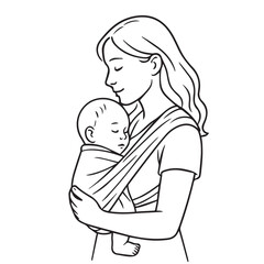 Black and white vector illustration of a mother gently holding her baby, symbolizing Mother’s Day, love, care, and the peaceful bond between mother and child.