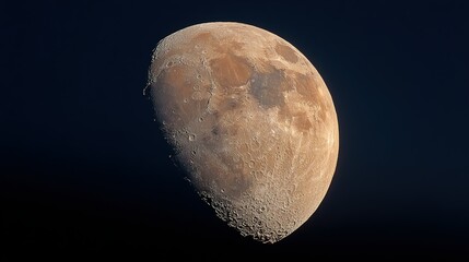 Half moon in dark sky showing craters and texture.