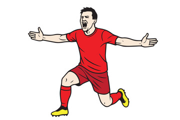 Black and white vector illustration of a professional football player wearing a red jersey, celebrating passionately after scoring a goal, expressing victory, excitement, and sports pride.