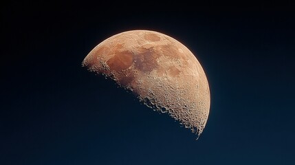 Half moon with visible craters against a dark blue sky at night.