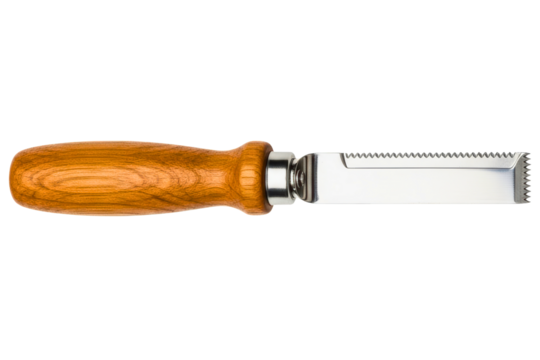 Fish scaler kitchen utensil with wooden handle and steel blade isolated with transparent background