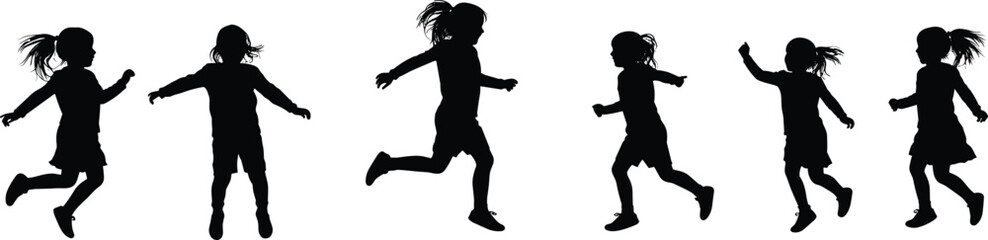 Silhouette of children running and playing, joyful kids motion illustration, active childhood concept, happiness, freedom, outdoor fun design art